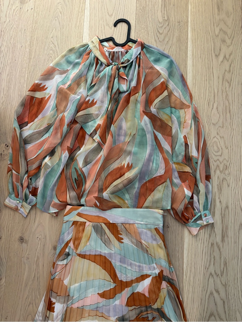 Sezane Leaf Print Tie-Neck Blouse & Skirt Set